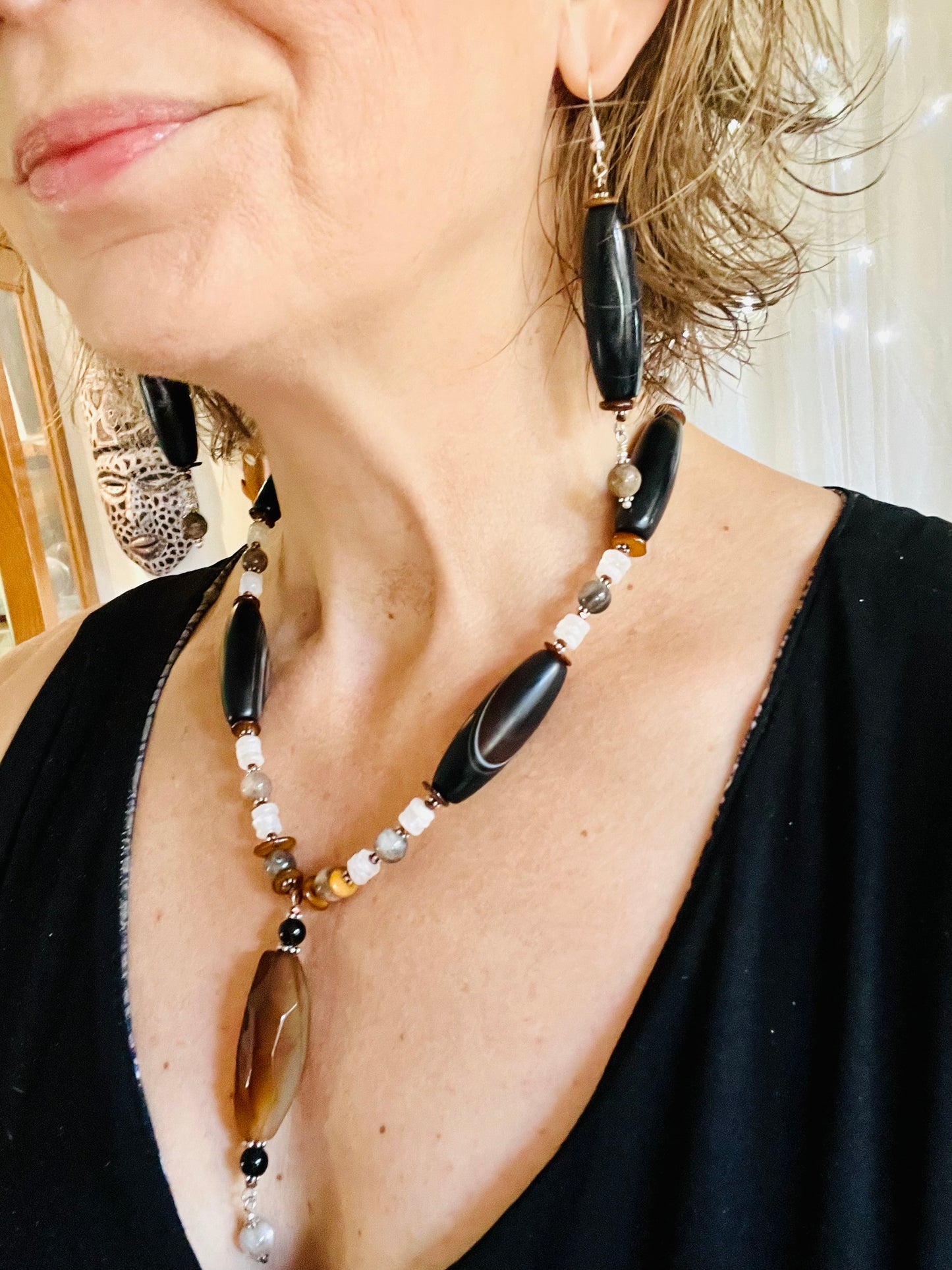 Black Agate Necklace and Earrings