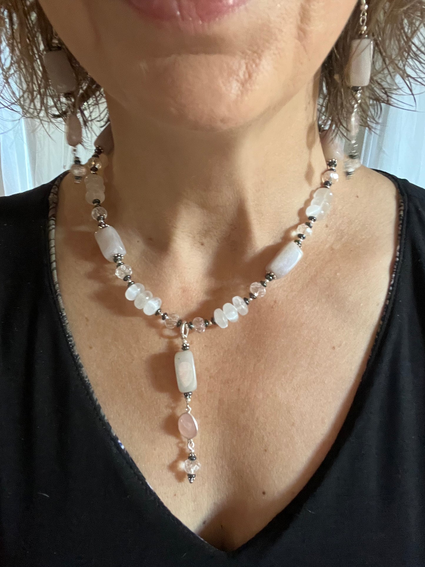 Rose Quartz, Selenite and Crystal Quartz Necklace and Earring Set