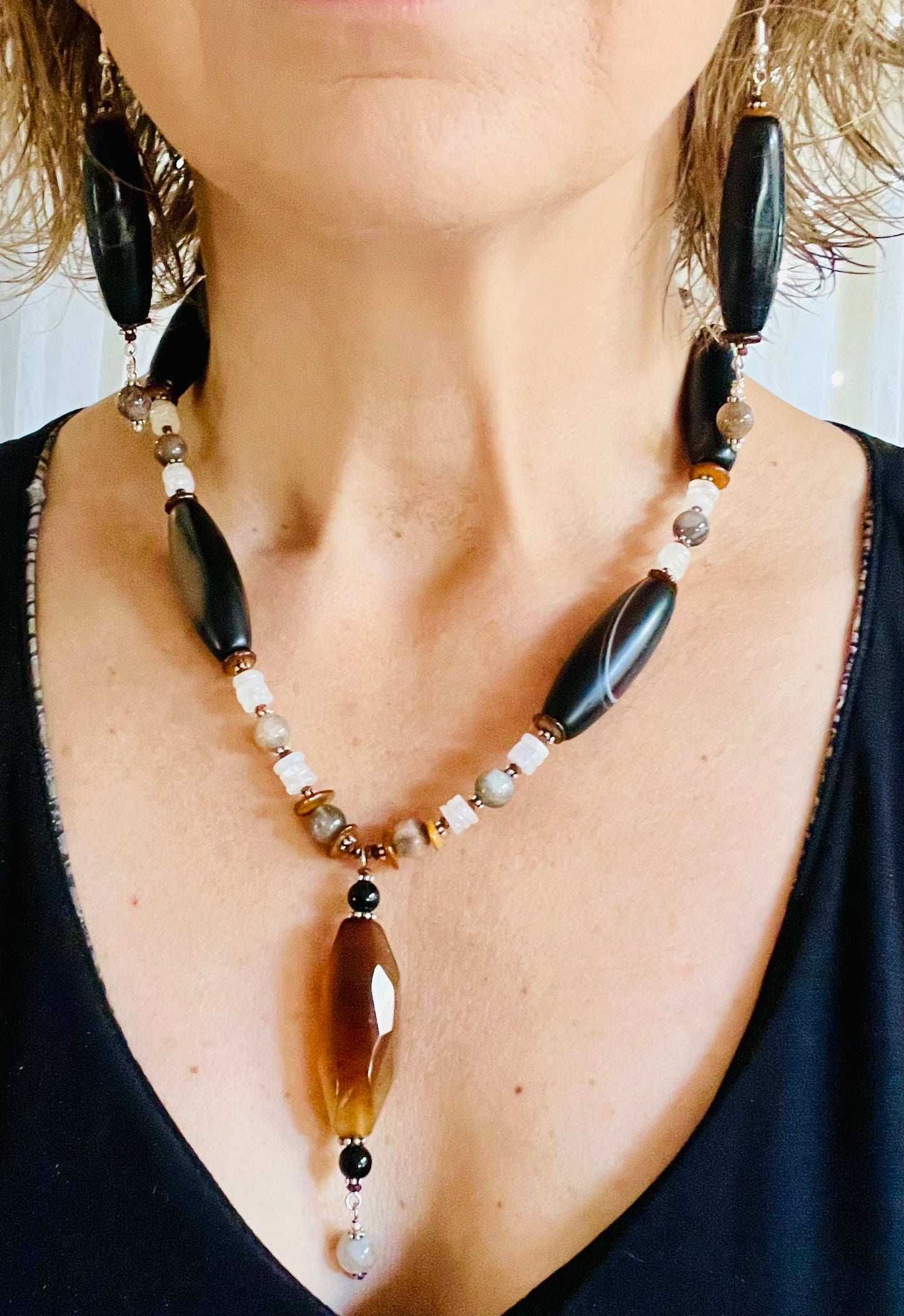Black Agate Necklace and Earrings